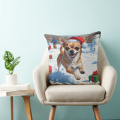 チワワ走アの雪とクリスマスハット クッション (椅子)