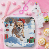 チワワ走アの雪とクリスマスハット ペーパープレート (パーティー)