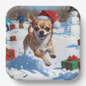 チワワ走アの雪とクリスマスハット ペーパープレート (正面)