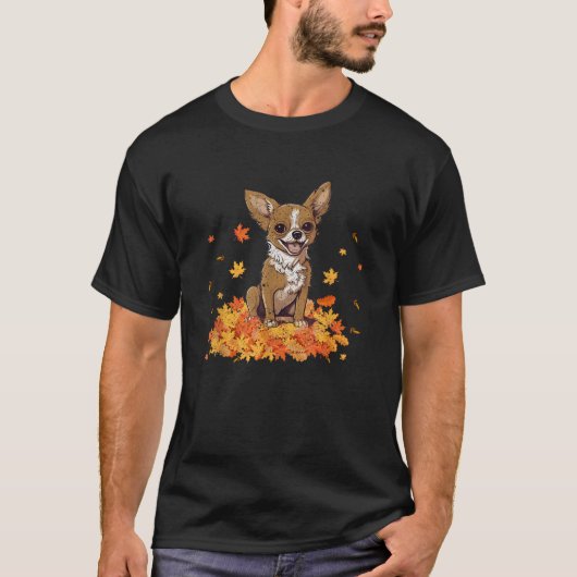 チワワ こんにちは 秋 犬好き 紅葉 感謝 Tシャツ (正面)