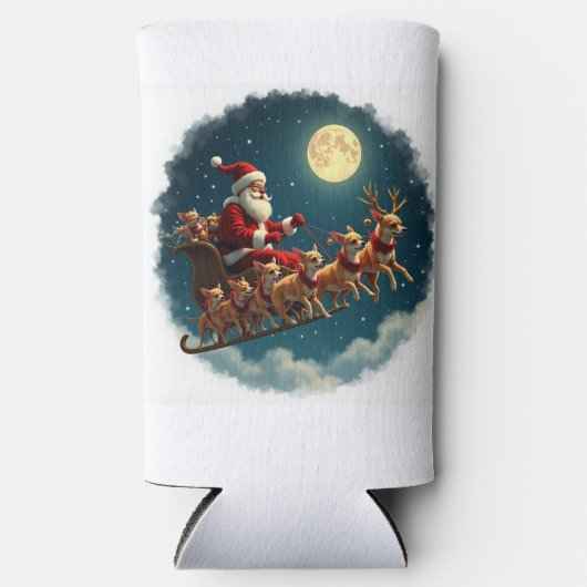 チワワ・クルーが引っ張るサンタと彼のそり スリム缶クーラー (正面)