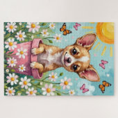 チワワ 春の花のポット かわいい犬 ジグソーパズル (横)