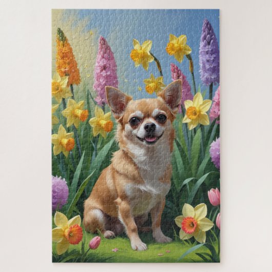チワワ 犬 春の花 絵画 ジグソーパズル (縦)