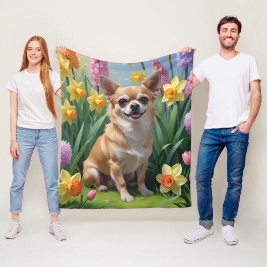 チワワ 犬 春の花 絵画 フリースブランケット (インサイチュ)