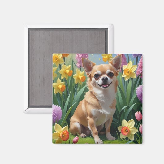 チワワ 犬 春の花 絵画 マグネット (正面/裏面)