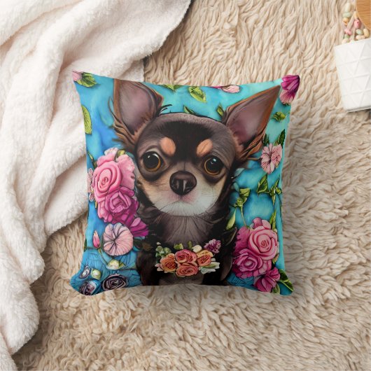 チワワ（花は四角） クッション (ブランケット)