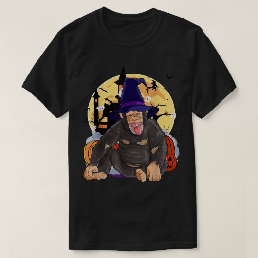チンパンジーかわいいハロウィンウィッチカボチャ Tシャツ (デザイン正面)