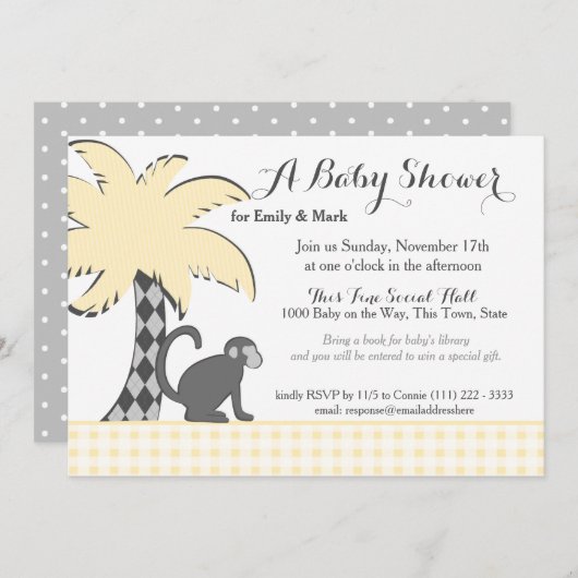 チンパンジーとパームツリーベビーシャワー 招待状 (正面/裏面)