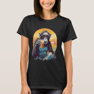チンパンジービーチバケーションサンセットエイプハワイモンキー Tシャツ