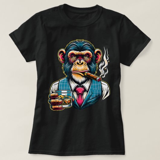 チンパンジー葉巻とウイスキー Tシャツ (デザイン正面)