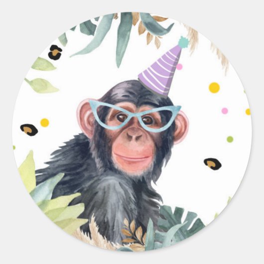 チンパンズモンキーサファリパーティー動物誕生日 ラウンドシール (正面)