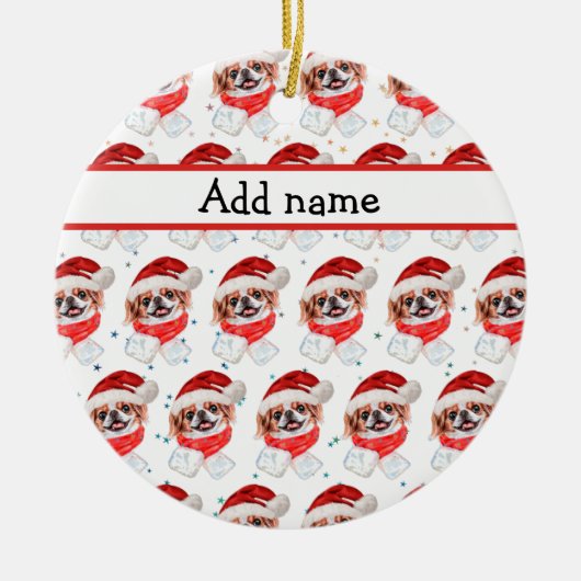 チン日本のドッグがクリスマススターを育む セラミックオーナメント (正面)