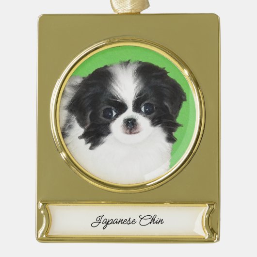 チン日本のパピー絵画ズ – Dog Art ゴールドプレートバナーオーナメント (正面)