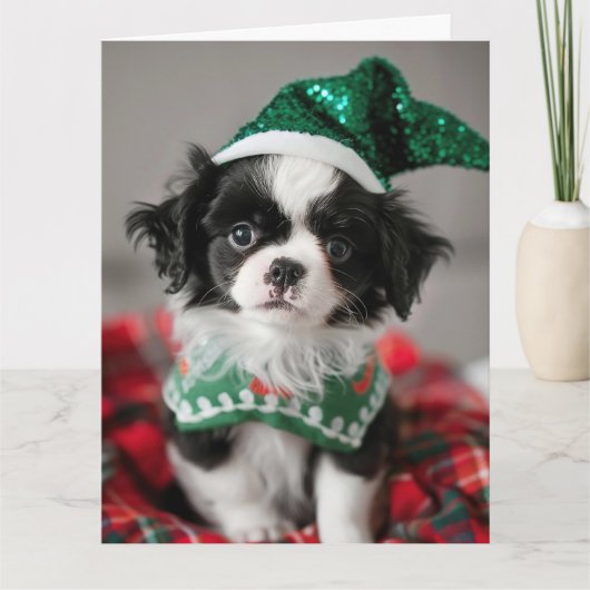 チン日本の小妖精や小人子犬クリスマスカード カード (正面)