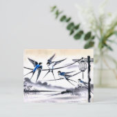 チーの電力線上に集まるツバメのグループ ポストカード (スタンド正面)