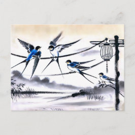 チーの電力線上に集まるツバメのグループ ポストカード