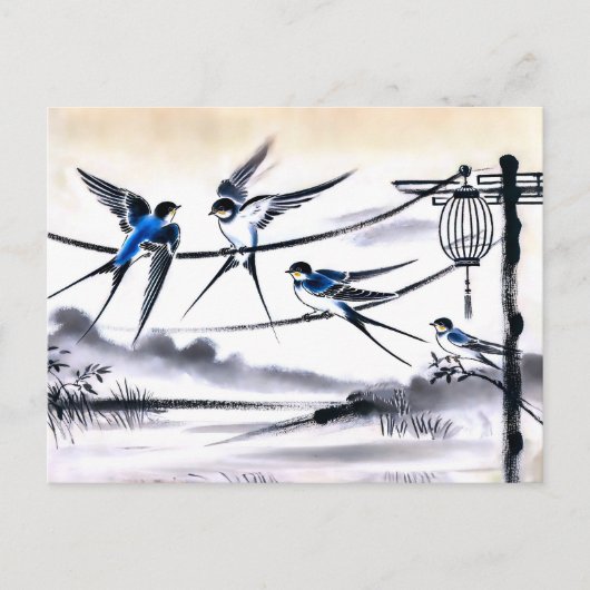 チーの電力線上に集まるツバメのグループ ポストカード (正面)