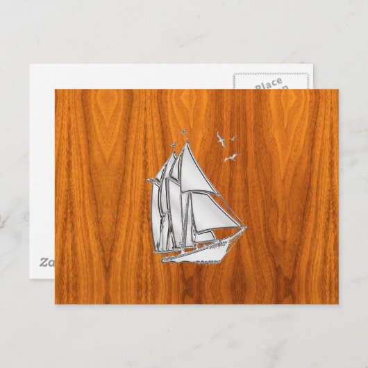 チーク単板のクロムシルバーのような帆船 ポストカード (正面/裏面)