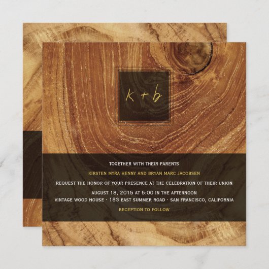 チーク木目の木木目の古いテクスチ素朴ャ結婚ーズ 招待状 (正面/裏面)