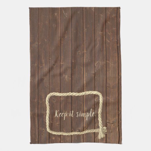 チーク材上のロープ枠と引用文 キッチンタオル (縦)