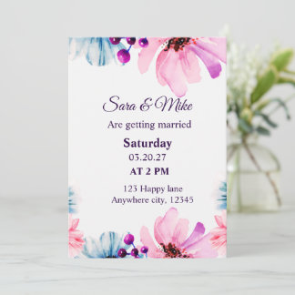 チーク&ブルー フラワーの「Save the Date」カード セーブザデート