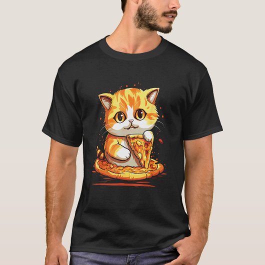 チーズたっぷりのピザを食べるかわいい猫 Tシャツ (正面)