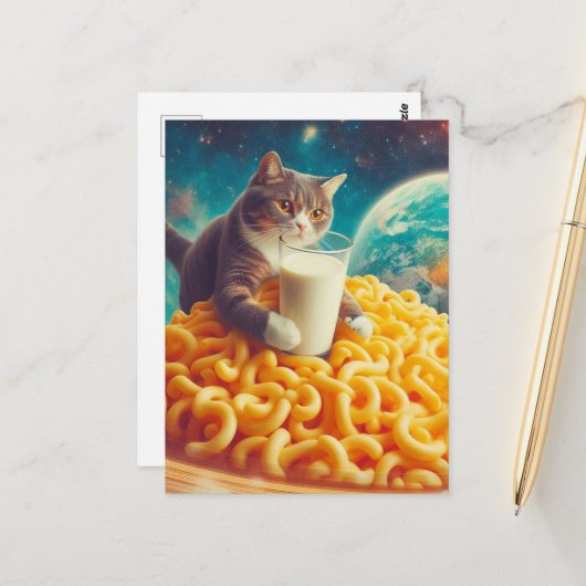 チーズたっぷりパスタの惑星の猫と牛乳グラス ポストカード (正面/裏面インサイチュ)