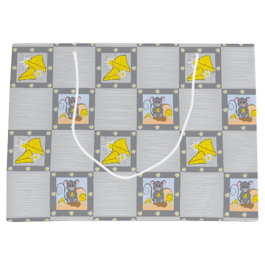 チーズとマウス赤ちゃんシャワーイエローグレー抱き枕 ラージペーパーバッグ (正面)