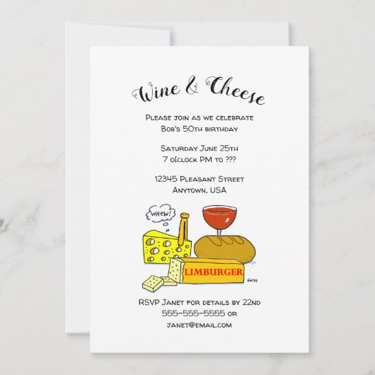 チーズとユーモアのあるワインの誕生日パーティーへの招待 招待状 (正面)