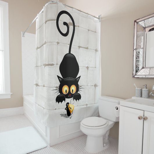 チーズの漫画キャラクターと猫とおもしろい シャワーカーテン (インサイチュ)