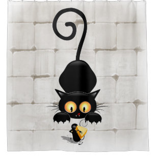 チーズの漫画キャラクターと猫とおもしろい シャワーカーテン