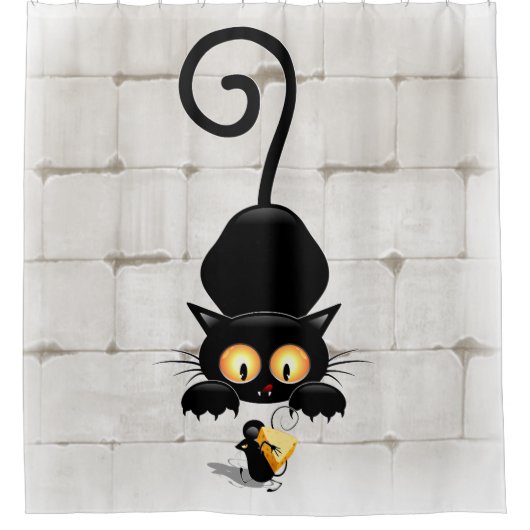 チーズの漫画キャラクターと猫とおもしろい シャワーカーテン (正面)