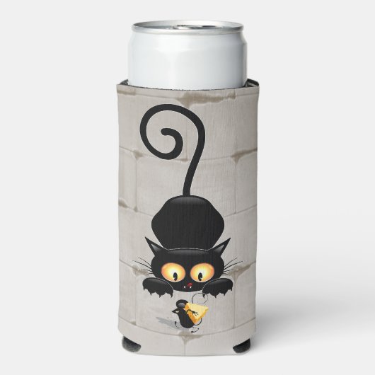 チーズの漫画キャラクターと猫とおもしろい スリム缶クーラー (Seltzer正面)