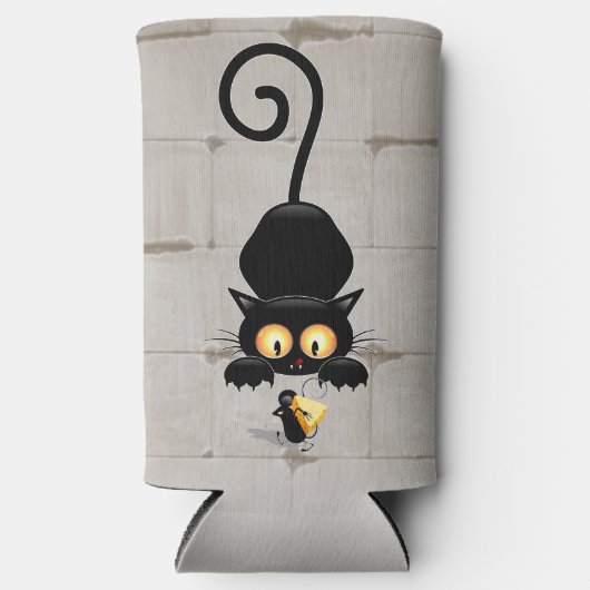 チーズの漫画キャラクターと猫とおもしろい スリム缶クーラー (正面)