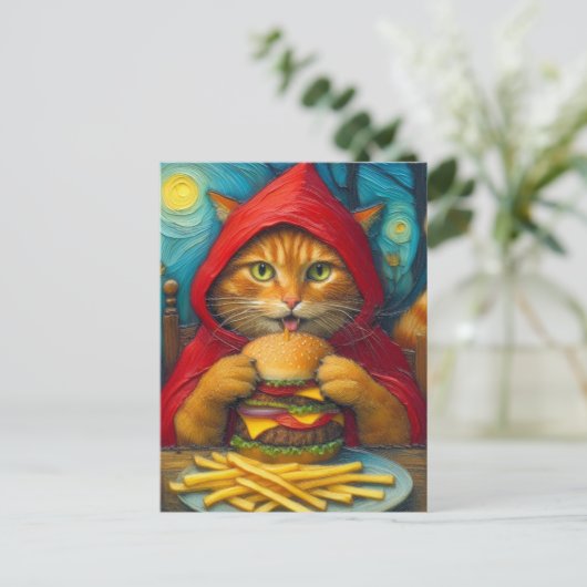 チーズバーガーとフライドポテトを添えたジンジャーネコ ポストカード (スタンド正面)