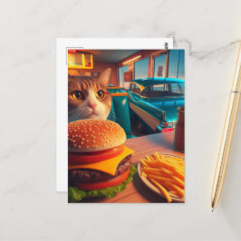 チーズバーガーとフライドポテトを添えた猫のレトロディナー ポストカード