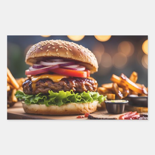 チーズバーガーとフライドポテト 長方形シール (正面)