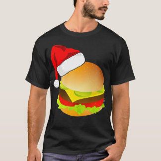 チーズバーガーのハンバーガーサンタハットマッチングクリスマス Tシャツ