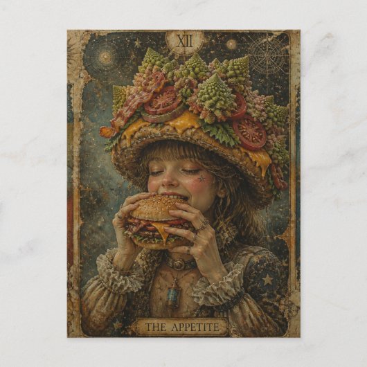 チーズバーガーの帽子をかぶった変な女の子 食欲 ポストカード (正面)