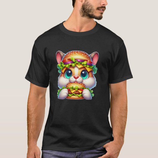 チーズバーガーの帽子をかぶった面白いバーガー猫 Tシャツ (正面)