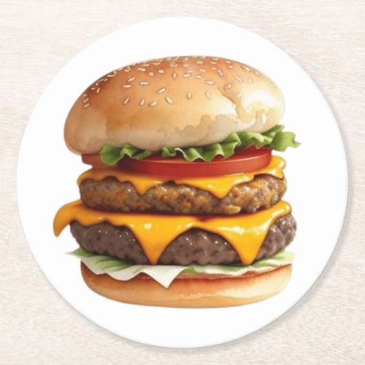 チーズバーガーの水色スケッチ ラウンドペーパーコースター (正面)