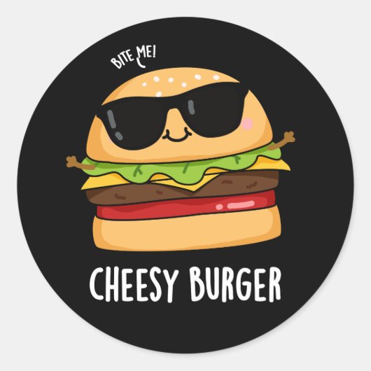 チーズバーガーの面白い食べ物のダジャレ 暗い背景 ラウンドシール (正面)