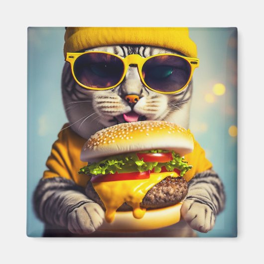 チーズバーガー付き猫おもしろい冷蔵庫用マグネット マグネット (正面)