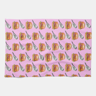 チーズバーガー・バード・ブラックキャップチメドリ ピンク キッチンタオル