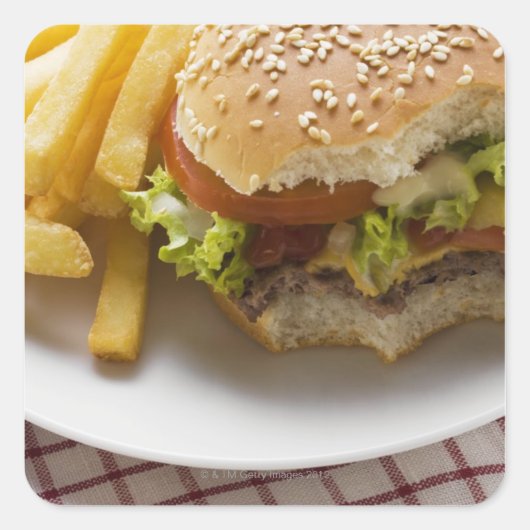 チーズバーガー、噛み付き、チップと スクエアシール (正面)