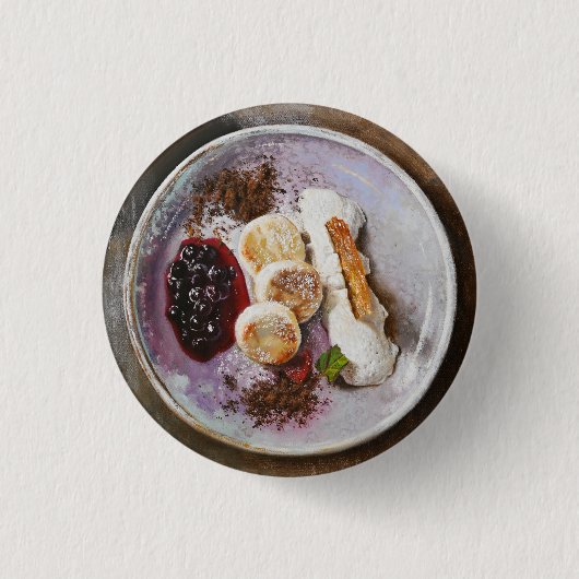 チーズパンケーキとベリー – グルメ食品 缶バッジ (正面)