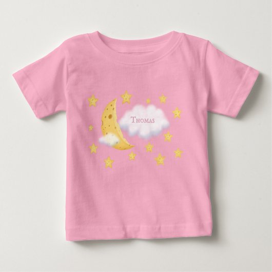 チーズムーン&スターズパーソナライズされたふわふわ雲かわいい ベビーTシャツ (正面)