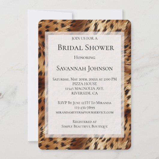 チータアニマルヒョウ印刷ブライダルシャワー 招待状 (正面)