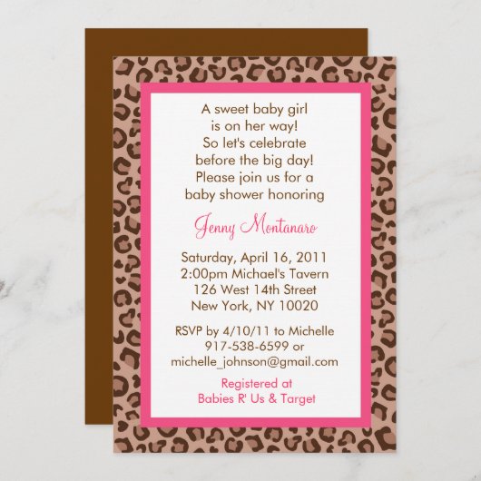 チータガールアニマルプリントベビーシャワー招待状 招待状 (正面/裏面)