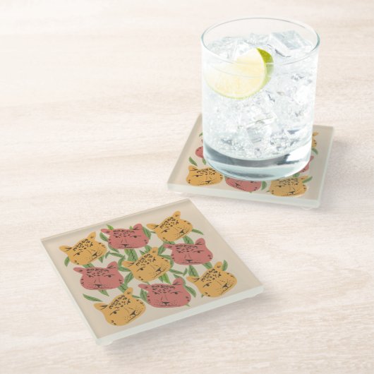 チータジャングルプラントグリーンコーラルグリーン ガラスコースター (アングル)